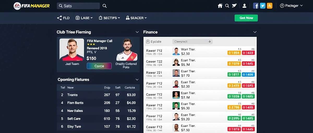 FIFA Manager Virtuoso - Club Management Dashboard FIFA Manager Virtuoso club management interface showing team stats, finances, and upcoming fixtures